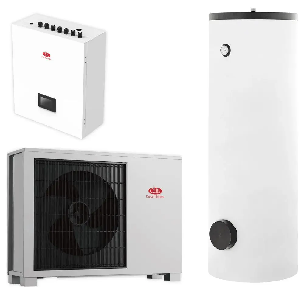 Drei Komponenten des Heizsystems von Dream Maker: eine Außeneinheit mit Lüftergitter, eine Inneneinheit und ein zylindrischer Speicher in Weiß.